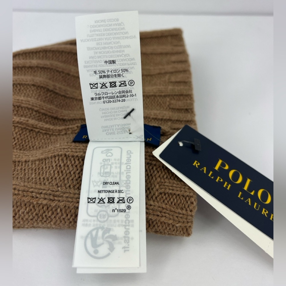 POLO RALPH LAUREN, LIGHT BROWN BEANIE, ONE SIZE FITS, 50% WOOL 50% NYLON, UNISEX - Picture 13 of 17